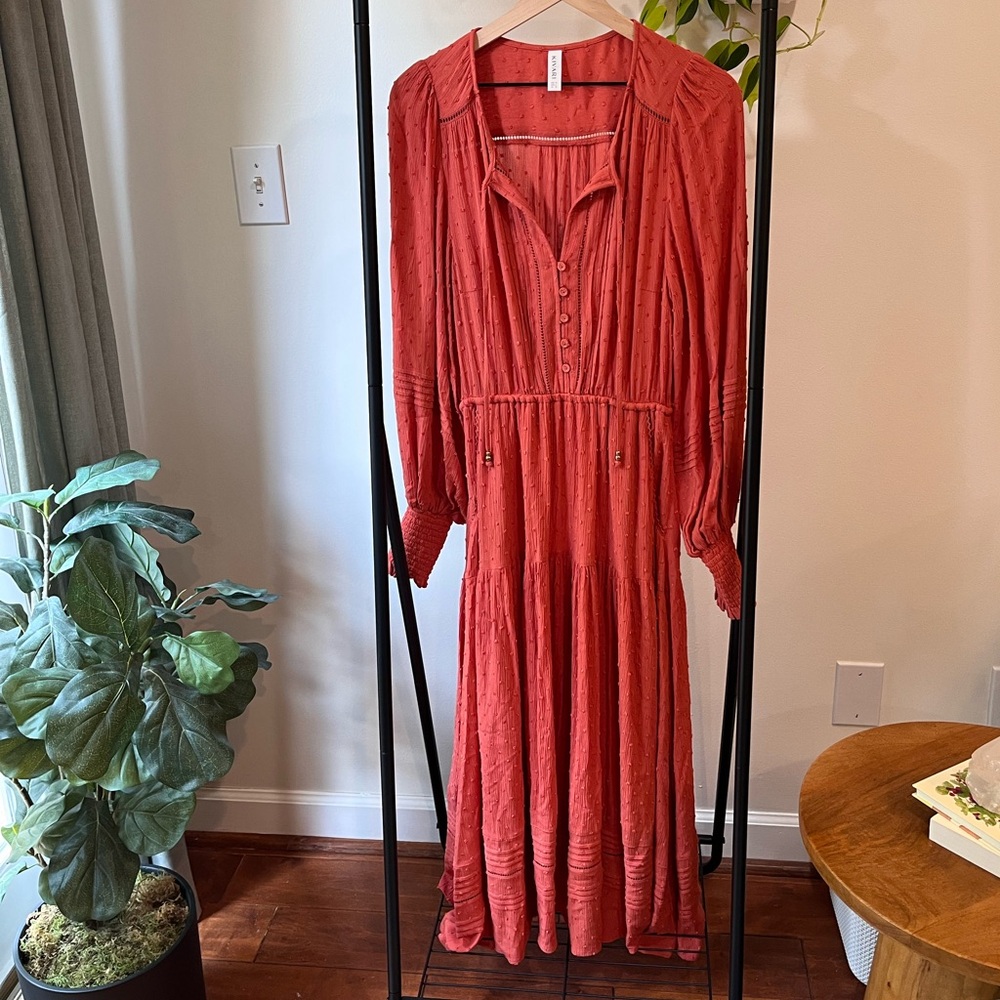 Kivari Boho Maxi Dress Rusty Orange Red Balloon Sleeve Tiered Pockets Size 6 - Picture 2 of 14